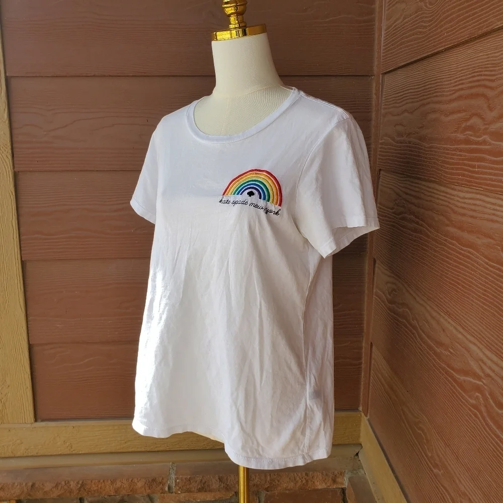 kate spade white rainbow embroidered women's short sleeve top size xl euc